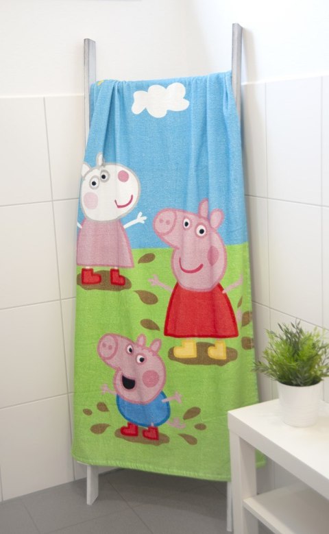Ręcznik plażowy 75x150 Świnka Peppa niebieski zielony dziecięcy bawełniany H23 Ręcznik plażowy 75x150 Świnka Peppa niebieski zielony dziecięcy bawełniany H23