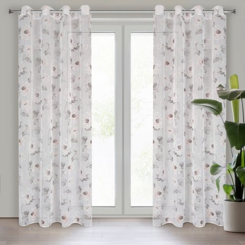 Firana 140x250 Bessy biała różowa szara kwiaty gotowa na przelotkach Eurofirany E12 Firana 140x250 Bessy biała różowa szara kwiaty gotowa na przelotkach Eurofirany E12