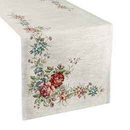 Obrus bieżnik 45x140 gobelinowy naturalny czerwony kwiaty 1233 Eurofirany