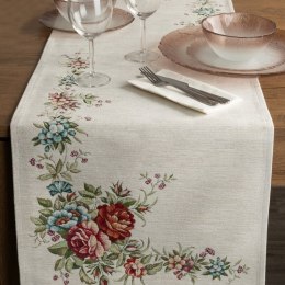 Obrus bieżnik 45x140 gobelinowy naturalny czerwony kwiaty 1233 Eurofirany