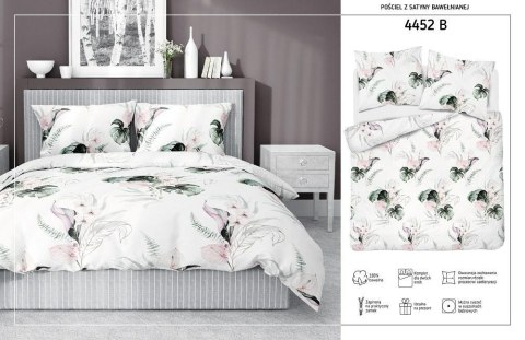 Pościel satynowa 180x200 4452 B biała zielona pudrowa liście monstery Home Satin 126 Pościel satynowa 180x200 4452 B biała zielona pudrowa liście monstery Home Satin 126