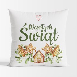 Poduszka świąteczna dwustronna z mikrofibry 40x40 Pierniki biała z wypełnieniem silikonu TBN016/SIL/001/040040/1