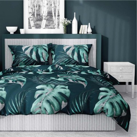 Pościel satynowa 180x200 4528 B turkusowa morska liście monstery Home Satin 131 Pościel satynowa 180x200 4528 B turkusowa morska liście monstery Home Satin 131