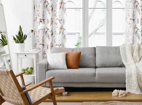 Zasłona 140x250 Riki biała ruda z etaminy z motywem botanicznym gotowa na przelotkach Eurofirany Zasłona 140x250 Riki biała ruda z etaminy z motywem botanicznym gotowa na przelotkach Eurofirany