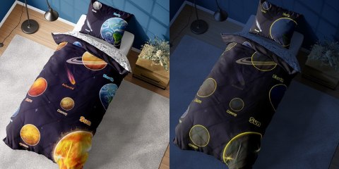 Pościel świecąca w ciemności 140x200 Kosmos planety granatowa kolorowa 4639 A Fluo 76 Pościel świecąca w ciemności 140x200 Kosmos planety granatowa kolorowa 4639 A Fluo 76