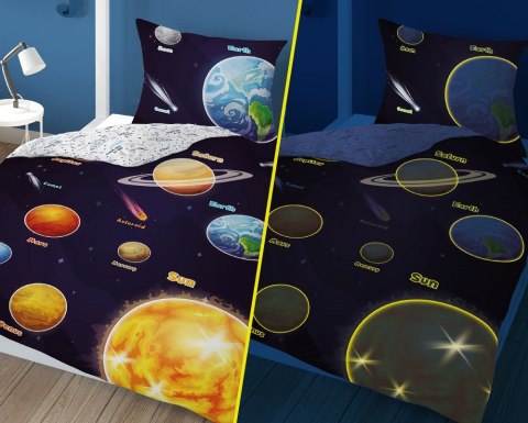 Pościel świecąca w ciemności 140x200 Kosmos planety granatowa kolorowa 4639 A Fluo 76 Pościel świecąca w ciemności 140x200 Kosmos planety granatowa kolorowa 4639 A Fluo 76