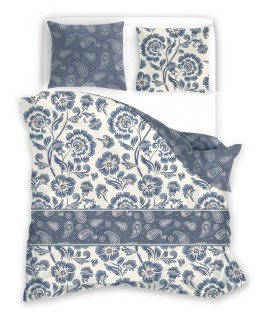 Pościel satynowa 220x200 Pure Sateen 008 kremowa niebieska kwiaty Faro