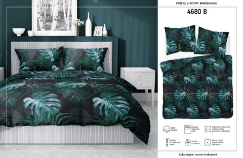 Pościel satynowa 220x200 czarna turkusowa liście 4680 B Home Satin 40 Pościel satynowa 220x200 czarna turkusowa liście 4680 B Home Satin 40