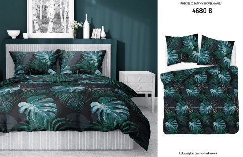 Pościel satynowa 220x200 czarna turkusowa liście 4680 B Home Satin 40 Pościel satynowa 220x200 czarna turkusowa liście 4680 B Home Satin 40