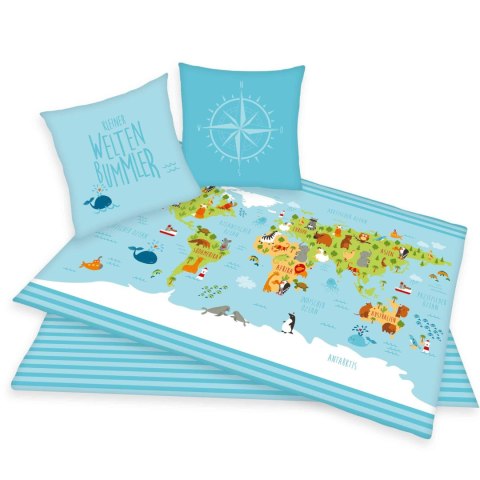 Pościel bawełniana 135x200 Mapa świata błękitna poszewka 80x80 H23 Pościel bawełniana 135x200 Mapa świata błękitna poszewka 80x80 H23