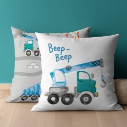 Poszewka bawełniana 40x40 Maszyny budowlane niebieskie beep beep biała szara dwustronna PSBA 07 B Mayamoo 26