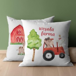 Poszewka bawełniana 40x40 Wesoła farma czarwony traktor biała szara dwustronna PSBA 04 A Mayamoo 26