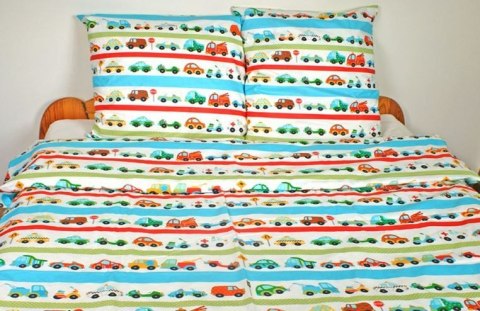 Pościel bawełniana 160x200 wzór 796E Auta Kolorowe Pasy Czerwone i Niebieskie Pościel bawełniana 160x200 wzór 796E Auta Kolorowe Pasy Czerwone i Niebieskie
