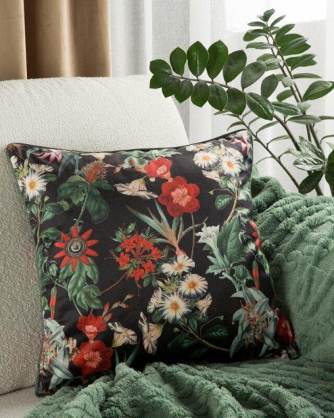 Poszewka dekoracyjna 45x45 Velvet 102 czarna zielona ze wzorem kwiatowym welurowa Eurofirany Poszewka dekoracyjna 45x45 Velvet 102 czarna zielona ze wzorem kwiatowym welurowa Eurofirany