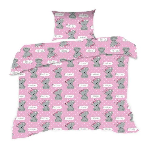 Pościel bawełniana 100x135 555K misie różowa szara Kids 24 z poszewką 40x60