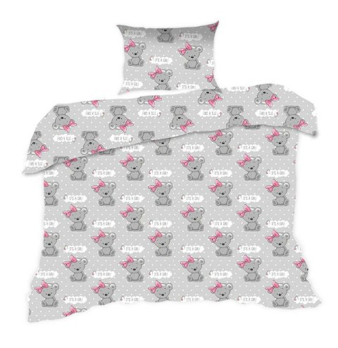 Pościel bawełniana 100x135 556K misie szara różowa Kids 24 z poszewką 40x60
