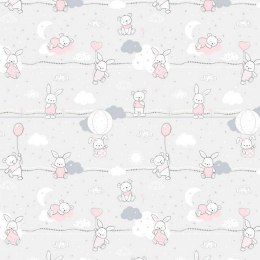 Pościel bawełniana 100x135 56K misie zajączki szara różowa Kids 24 z poszewką 40x60