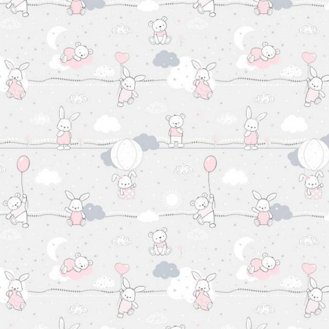 Pościel bawełniana 100x135 56K misie zajączki szara różowa Kids 24 z poszewką 40x60
