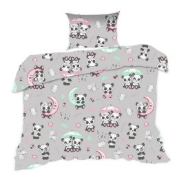 Pościel bawełniana 100x135 670K pandy szara kolorowa Kids 24 z poszewką 40x60