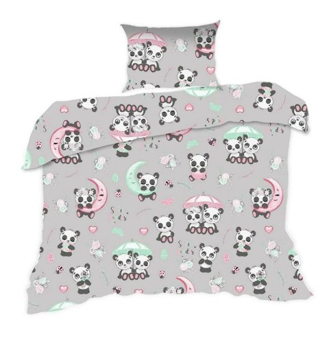 Pościel bawełniana 100x135 670K pandy szara kolorowa Kids 24 z poszewką 40x60
