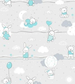 Pościel bawełniana 90x120 55K misie zajączki szara turkusowa Kids 24 z poszewką 40x60