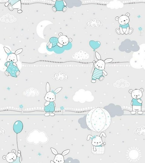Pościel bawełniana 90x120 55K misie zajączki szara turkusowa Kids 24 z poszewką 40x60 Pościel bawełniana 90x120 55K misie zajączki szara turkusowa Kids 24 z poszewką 40x60