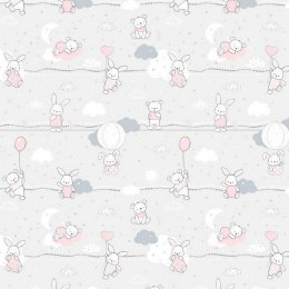 Pościel bawełniana 90x120 56K misie zajączki szara różowa Kids 24 z poszewką 40x60