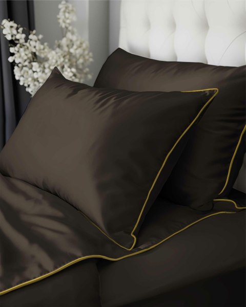 Pościel satynowa 140x200 brązowa espresso z lamówką z jedną poszewką 70x80 Mako Satin 62 Pościel satynowa 140x200 brązowa espresso z lamówką z jedną poszewką 70x80 Mako Satin 62