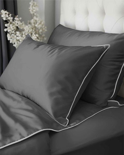 Pościel satynowa 160x200 szara z lamówką Mako Satin 62 Pościel satynowa 160x200 szara z lamówką Mako Satin 62