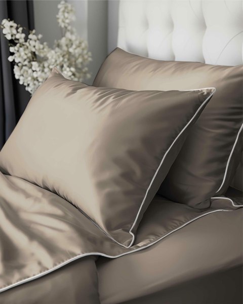 Pościel satynowa 160x200 taupe z lamówką Mako Satin 62 Pościel satynowa 160x200 taupe z lamówką Mako Satin 62