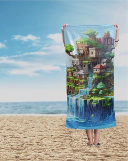 Ręcznik plażowy 70x140 Pikselowy świat niebieski kolorowy dziecięcy bawełniany