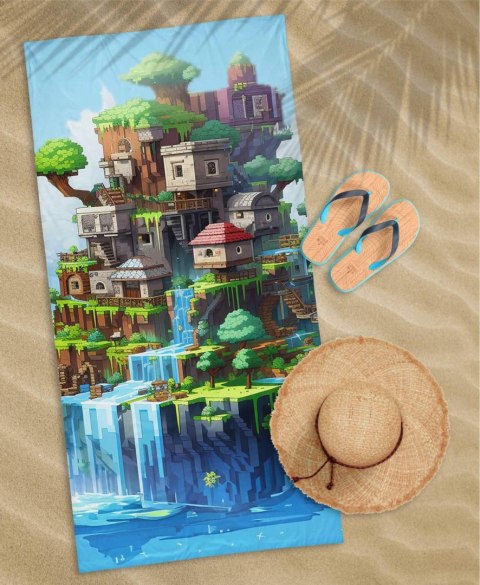 Ręcznik plażowy 70x140 Pikselowy świat niebieski kolorowy dziecięcy bawełniany Ręcznik plażowy 70x140 Pikselowy świat niebieski kolorowy dziecięcy bawełniany