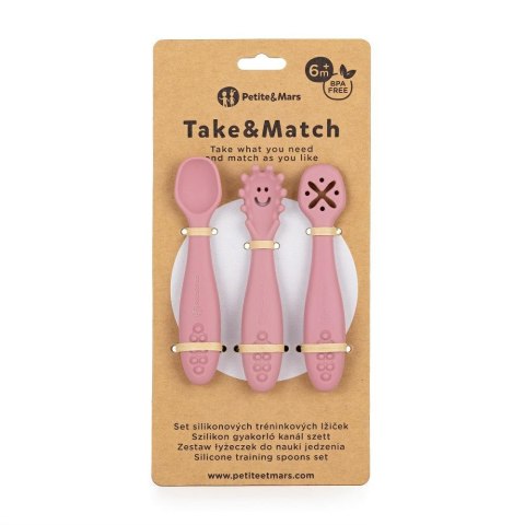 Zestaw silikonowych łyżeczek do nauki jedzenia 3 szt. Take&Match różowy 6m+ PETITE&MARS Zestaw silikonowych łyżeczek do nauki jedzenia 3 szt. Take&Match różowy 6m+ PETITE&MARS