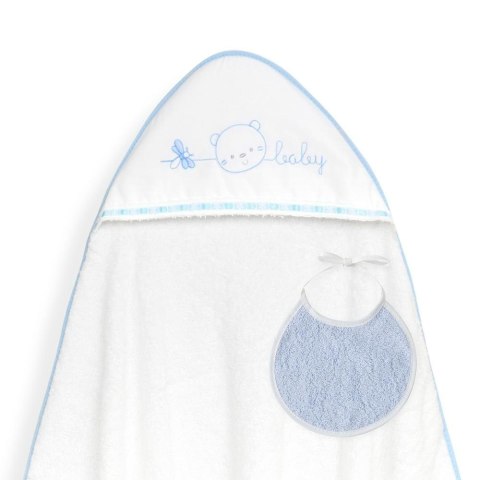 Okrycie kąpielowe 100x100 Baby biały niebieski ręcznik z kapturkiem + śliniaczek Okrycie kąpielowe 100x100 Baby biały niebieski ręcznik z kapturkiem + śliniaczek