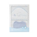 Okrycie kąpielowe 100x100 Baby biały niebieski ręcznik z kapturkiem + śliniaczek Okrycie kąpielowe 100x100 Baby biały niebieski ręcznik z kapturkiem + śliniaczek