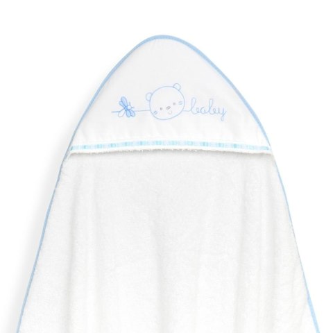 Okrycie kąpielowe 100x100 Baby biały niebieski ręcznik z kapturkiem + śliniaczek Okrycie kąpielowe 100x100 Baby biały niebieski ręcznik z kapturkiem + śliniaczek