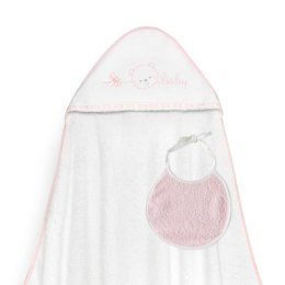 Okrycie kąpielowe 100x100 Baby biały różowy ręcznik z kapturkiem + śliniaczek