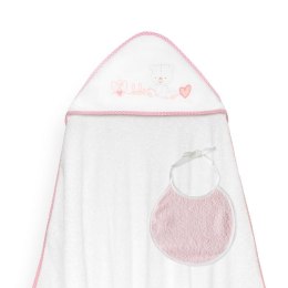 Okrycie kąpielowe 100x100 Corazones biały różowy ręcznik z kapturkiem + śliniaczek