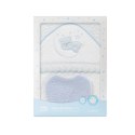 Okrycie kąpielowe 100x100 Miś na księżycu biały niebiski ręcznik z kapturkiem + śliniaczek Okrycie kąpielowe 100x100 Miś na księżycu biały niebiski ręcznik z kapturkiem + śliniaczek