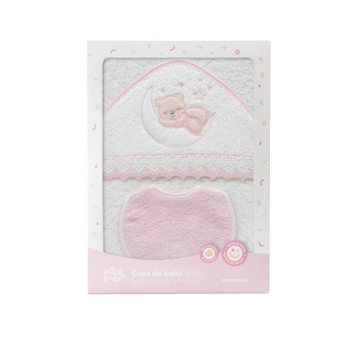 Okrycie kąpielowe 100x100 Miś na księżycu różowy ręcznik z kapturkiem + śliniaczek Okrycie kąpielowe 100x100 Miś na księżycu różowy ręcznik z kapturkiem + śliniaczek
