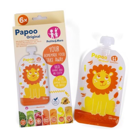 Saszetki na jedzenie Papoo Original Lew 6 szt. wielorazowe PETITE&MARS Saszetki na jedzenie Papoo Original Lew 6 szt. wielorazowe PETITE&MARS