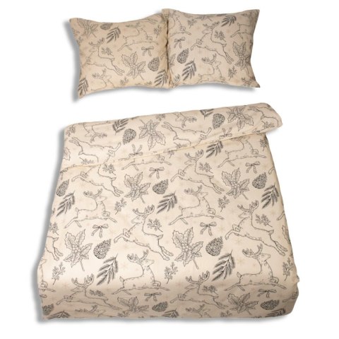 Pościel flanelowa 220x200 F-86 kremowa czarna liście renifery świąteczna Matex Pościel flanelowa 220x200 F-86 kremowa czarna liście renifery świąteczna Matex