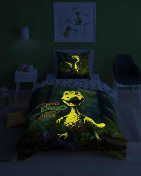Pościel świecąca w ciemności 140x200 4908 A Dino zielona biała wielokolorowa Fluo 78 Pościel świecąca w ciemności 140x200 4908 A Dino zielona biała wielokolorowa Fluo 78
