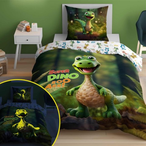 Pościel świecąca w ciemności 140x200 4908 A Dino zielona biała wielokolorowa Fluo 78 Pościel świecąca w ciemności 140x200 4908 A Dino zielona biała wielokolorowa Fluo 78