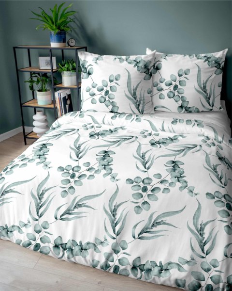Pościel bawełniana 160x200 biała miętowa liście 5107 A Bawełna 32 Pościel bawełniana 160x200 biała miętowa liście 5107 A Bawełna 32