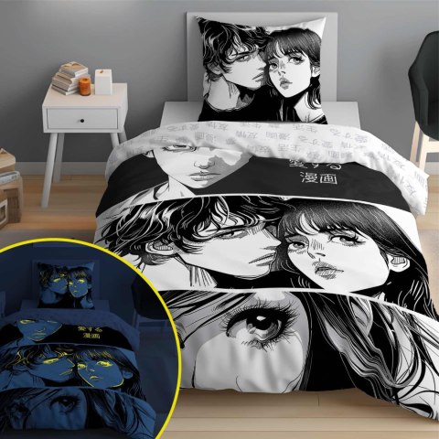 Pościel świecąca w ciemności 140x200 Anime Boy Girl czarna biała 5207 A Fluo 40 Pościel świecąca w ciemności 140x200 Anime Boy Girl czarna biała 5207 A Fluo 40