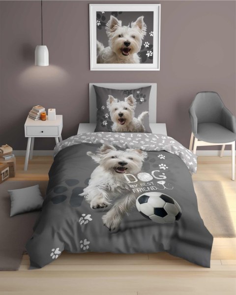 Pościel świecąca w ciemności 140x200 Pies piłka grafitowa szara biała 5205 A Fluo 40 Pościel świecąca w ciemności 140x200 Pies piłka grafitowa szara biała 5205 A Fluo 40
