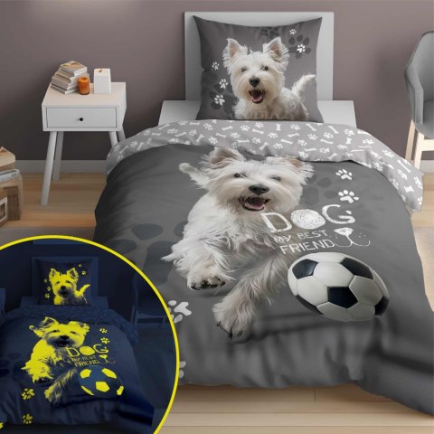 Pościel świecąca w ciemności 140x200 Pies piłka grafitowa szara biała 5205 A Fluo 40 Pościel świecąca w ciemności 140x200 Pies piłka grafitowa szara biała 5205 A Fluo 40