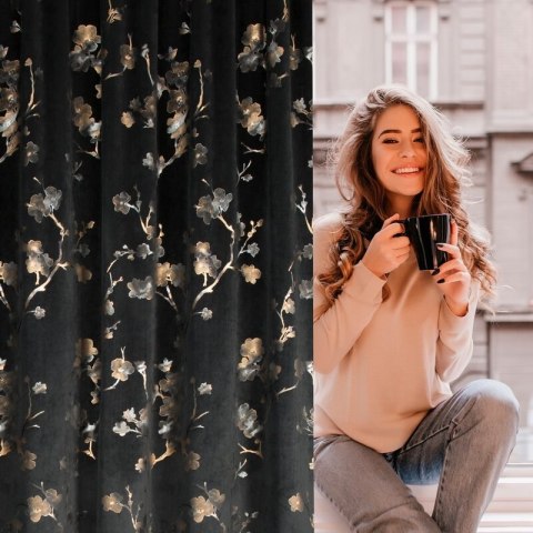 Zasłona 140x270 Selena czarna złota gałązki gotowa na taśmie Eurofirany Zasłona 140x270 Selena czarna złota gałązki gotowa na taśmie Eurofirany