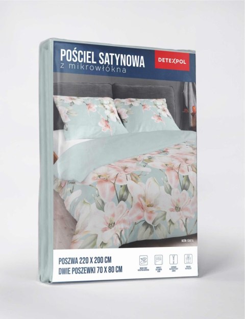 Pościel z mikrosatyny 160x200 miętowa różowa kwiaty liście 5347 A Micro 57 Pościel z mikrosatyny 160x200 miętowa różowa kwiaty liście 5347 A Micro 57